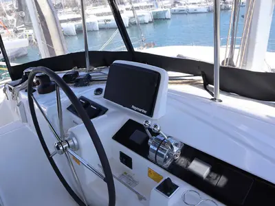 Cockpit of Krista, a Lagoon 46 Fly catamaran at Athens, Greece