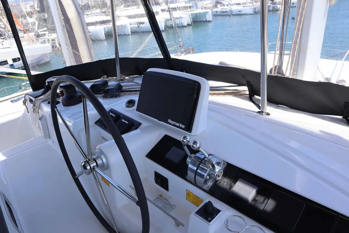 Cockpit of Krista, a Lagoon 46 Fly catamaran at Athens, Greece