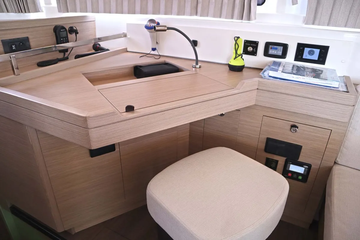 Salon of Krista, a Lagoon 46 Fly catamaran at Athens, Greece