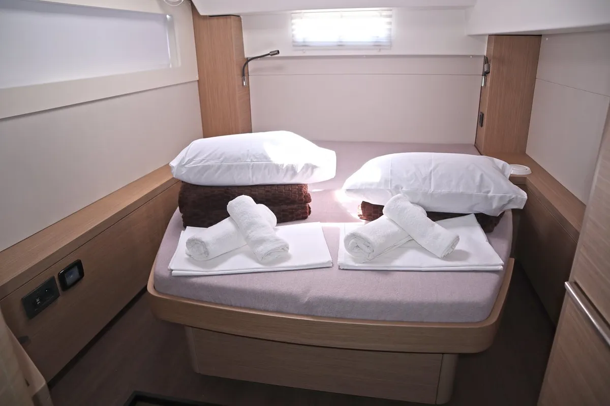 Cabin on Krista, a Lagoon 46 Fly catamaran at Athens, Greece