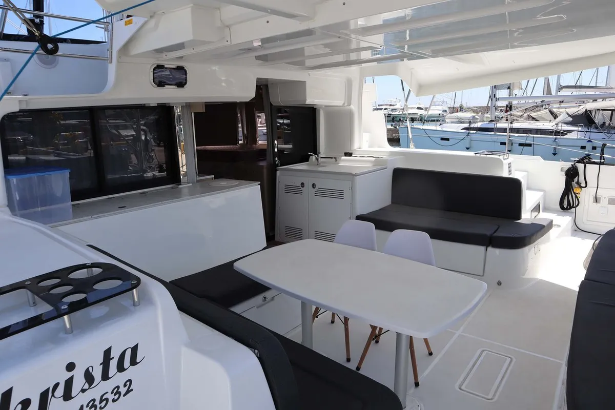 Deck of Krista, a Lagoon 46 Fly catamaran at Athens, Greece