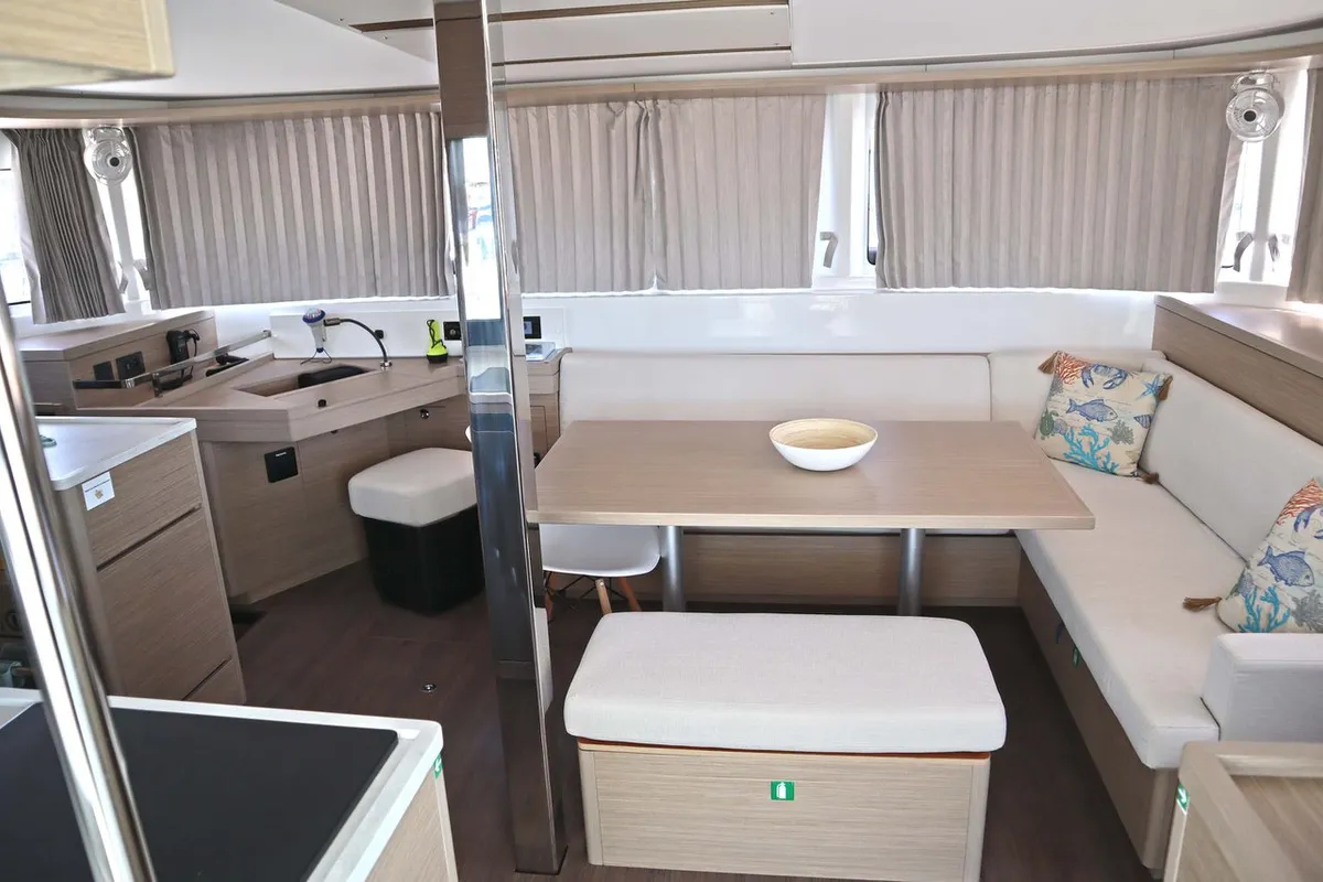 Salon of Krista, a Lagoon 46 Fly catamaran at Athens, Greece