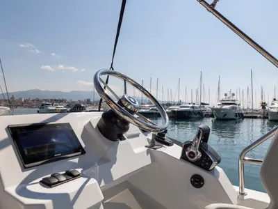 Cockpit of DESIRE, a Beneteau Antares 11 Fly OB motorboat at Split, Croatia