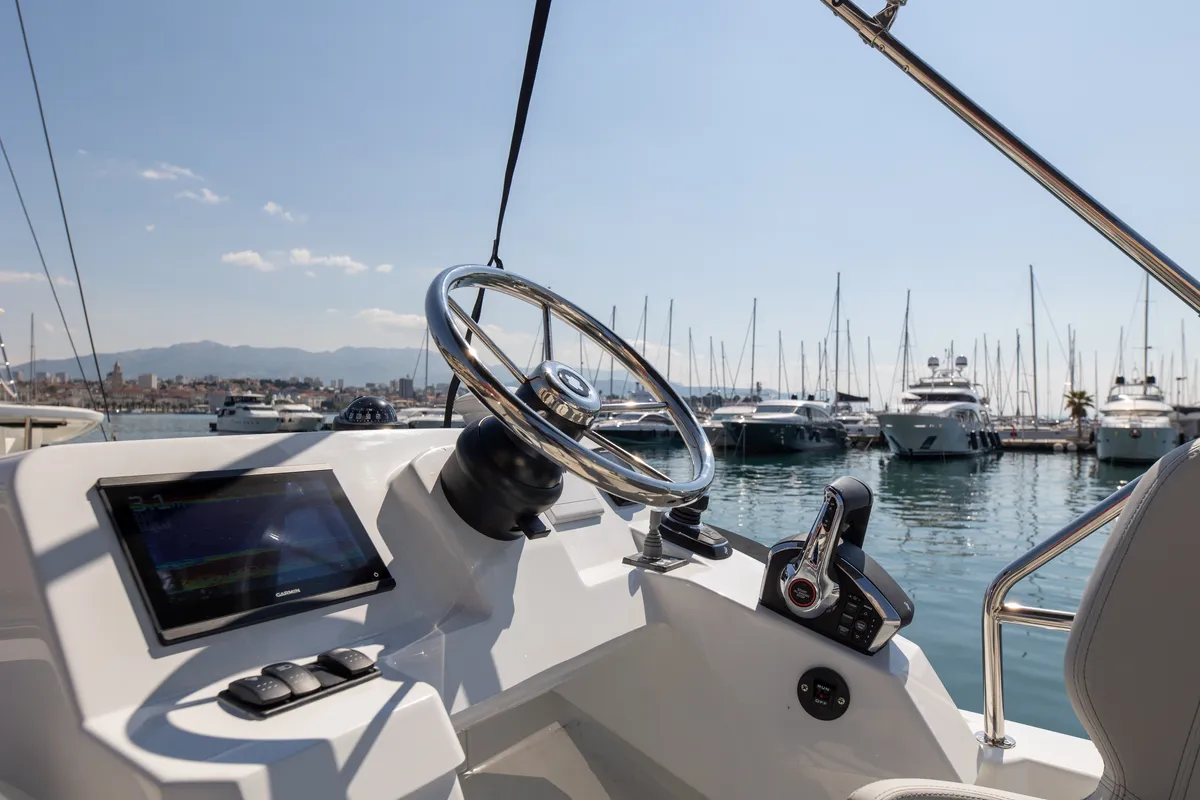 Cockpit of DESIRE, a Beneteau Antares 11 Fly OB motorboat at Split, Croatia
