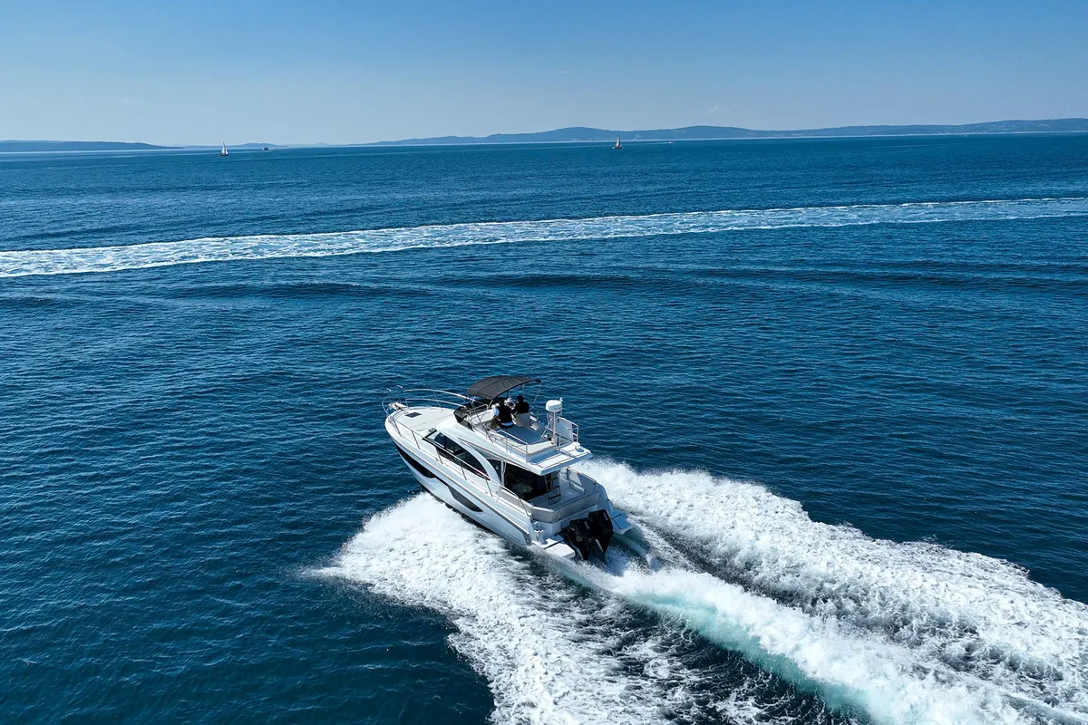 Exterior view of DESIRE, a Beneteau Antares 11 Fly OB motorboat at Split, Croatia