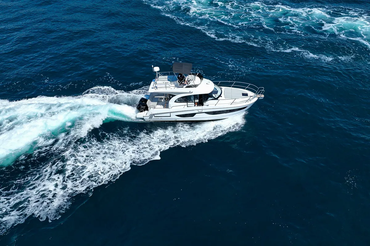 Exterior view of DESIRE, a Beneteau Antares 11 Fly OB motorboat at Split, Croatia