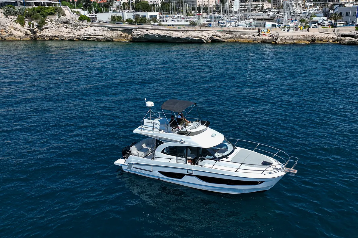 Exterior view of DESIRE, a Beneteau Antares 11 Fly OB motorboat at Split, Croatia
