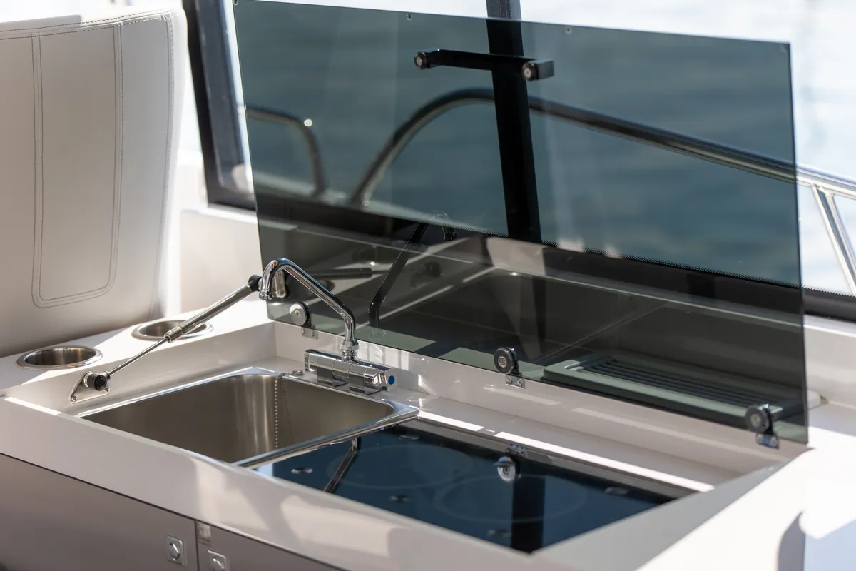 Deck of DESIRE, a Beneteau Antares 11 Fly OB motorboat at Split, Croatia