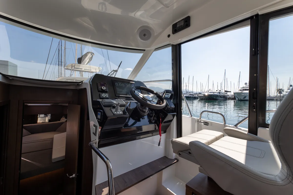 Cockpit of DESIRE, a Beneteau Antares 11 Fly OB motorboat at Split, Croatia