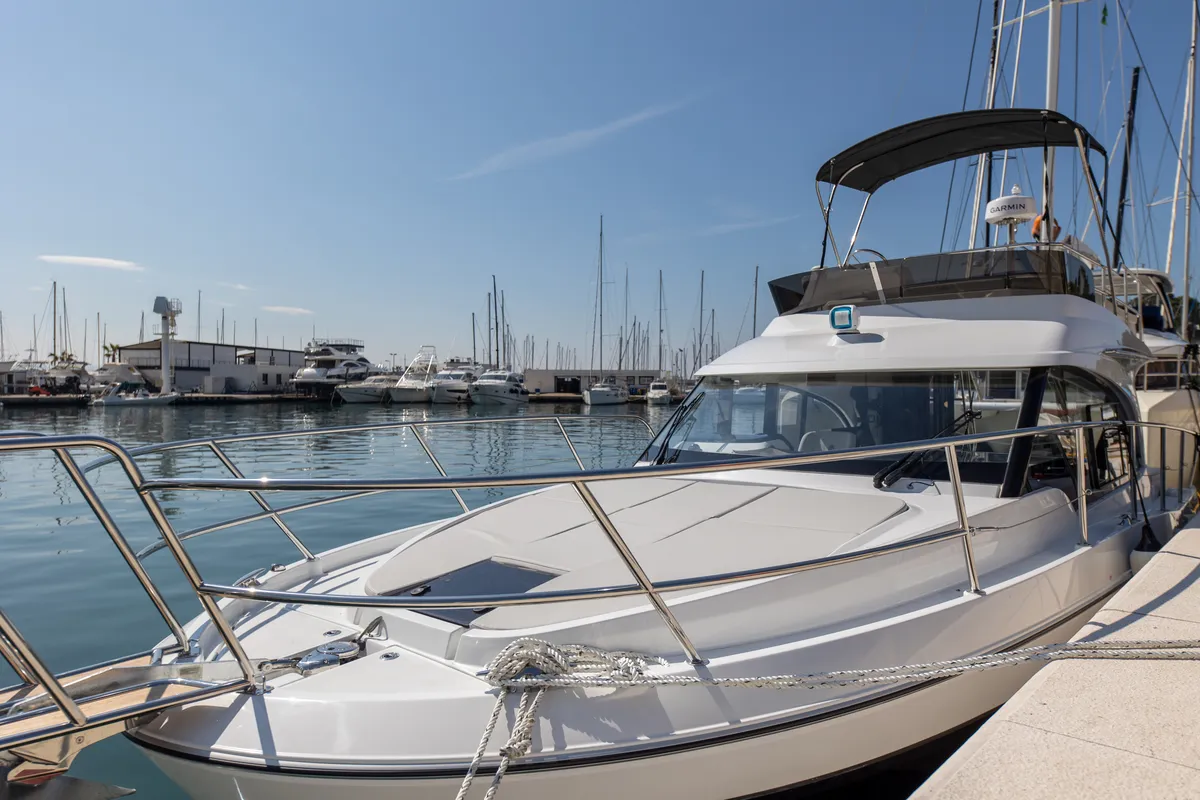 Exterior view of DESIRE, a Beneteau Antares 11 Fly OB motorboat at Split, Croatia