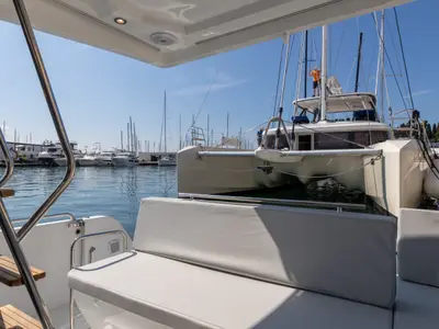 Deck of DESIRE, a Beneteau Antares 11 Fly OB motorboat at Split, Croatia