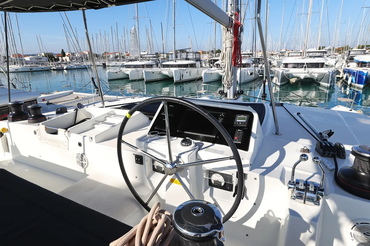 Cockpit of Lilith, a Lagoon 450 F catamaran at Općina Sukošan, Croatia