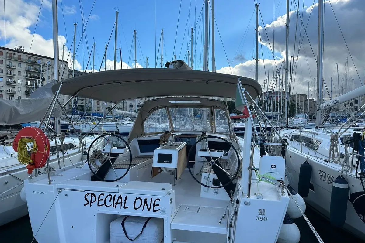 Exterior view of Special One, a Dufour 390 sailboat at Cagliari, Italy
