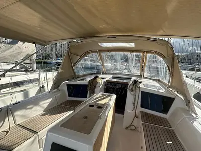 Deck of Special One, a Dufour 390 sailboat at Cagliari, Italy