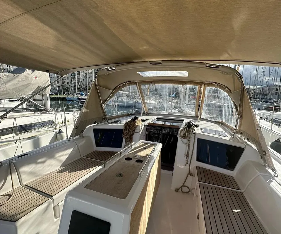 Deck of Special One, a Dufour 390 sailboat at Cagliari, Italy