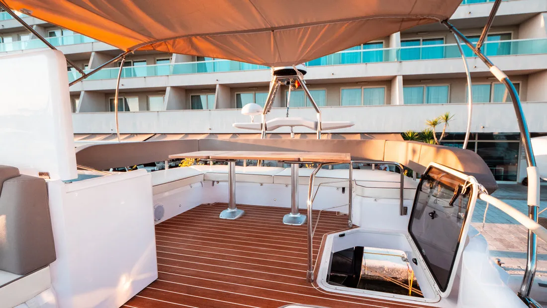 Deck of Stardust, a Sessa Fly 47 motor yacht at Općina Sukošan, Croatia