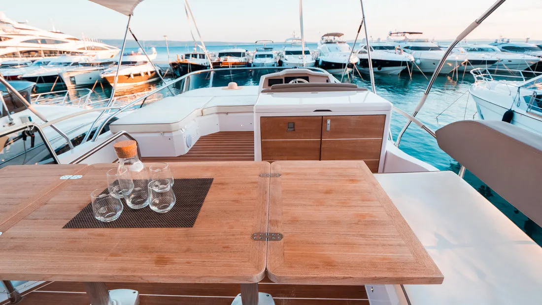 Deck of Stardust, a Sessa Fly 47 motor yacht at Općina Sukošan, Croatia