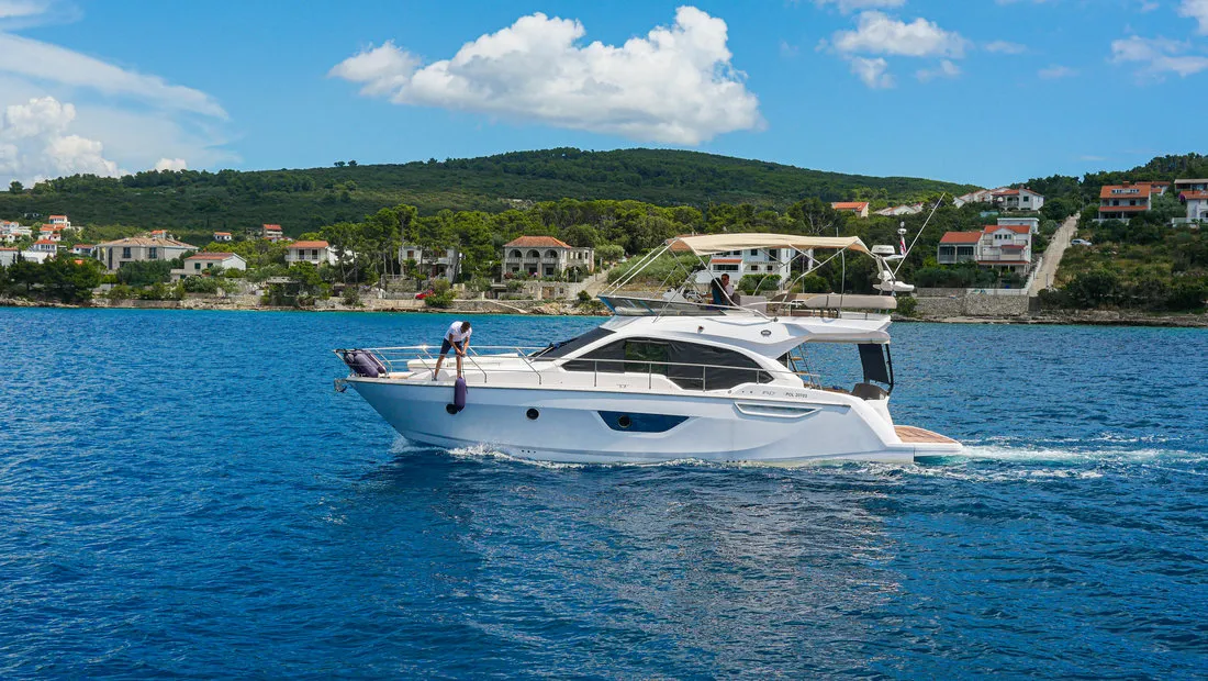 Exterior view of Stardust, a Sessa Fly 47 motor yacht at Općina Sukošan, Croatia
