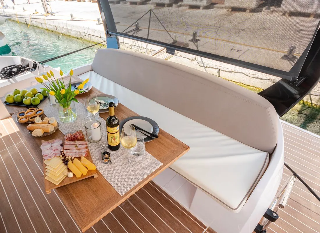 Deck of Stardust, a Sessa Fly 47 motor yacht at Općina Sukošan, Croatia
