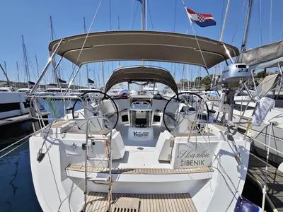 Cockpit of Skazka, a Jeanneau Sun Odyssey 49i sailboat at Šibenik, Croatia