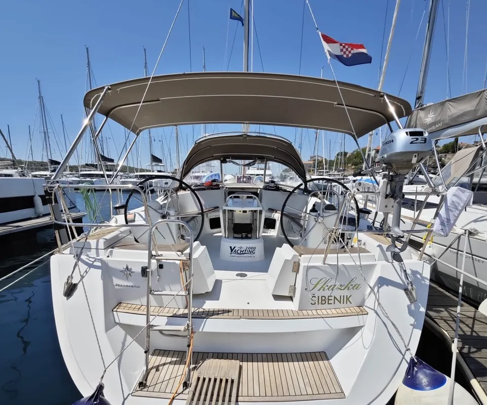 Cockpit of Skazka, a Jeanneau Sun Odyssey 49i sailboat at Šibenik, Croatia