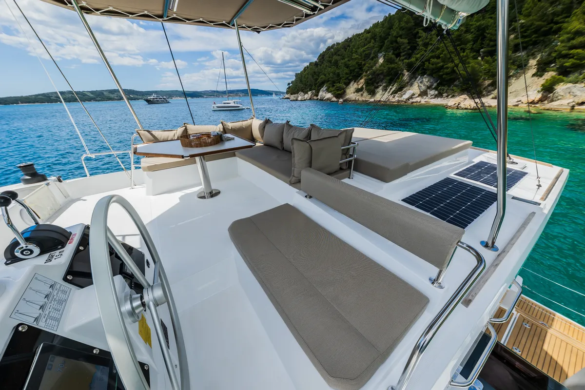 Cockpit of C'est la vie, a Bali 4.6 catamaran at Grad Kaštela, Croatia