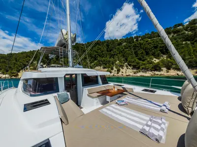 Deck of C'est la vie, a Bali 4.6 catamaran at Grad Kaštela, Croatia