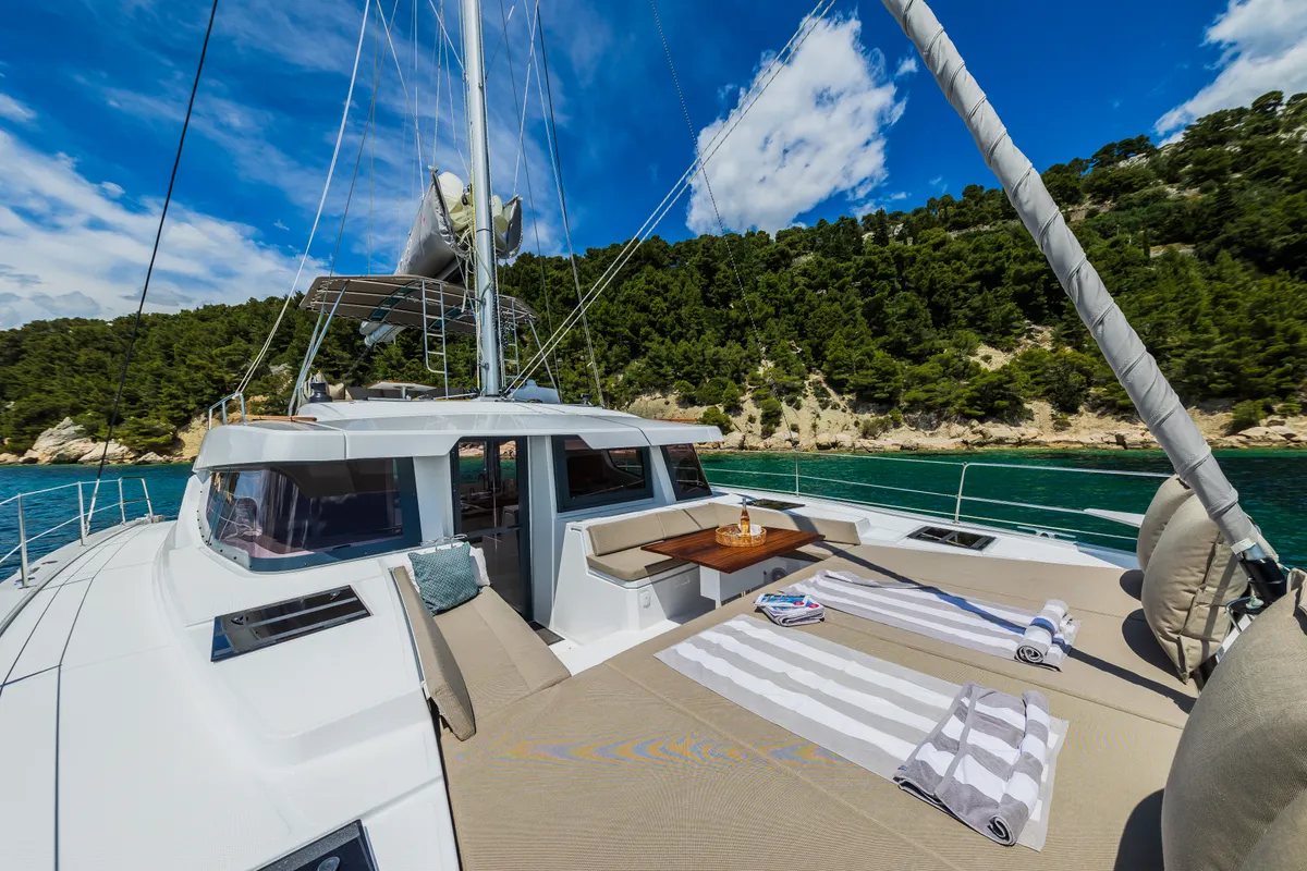 Deck of C'est la vie, a Bali 4.6 catamaran at Grad Kaštela, Croatia