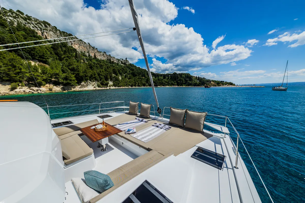 Deck of C'est la vie, a Bali 4.6 catamaran at Grad Kaštela, Croatia