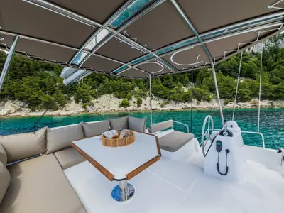 Cockpit of C'est la vie, a Bali 4.6 catamaran at Grad Kaštela, Croatia