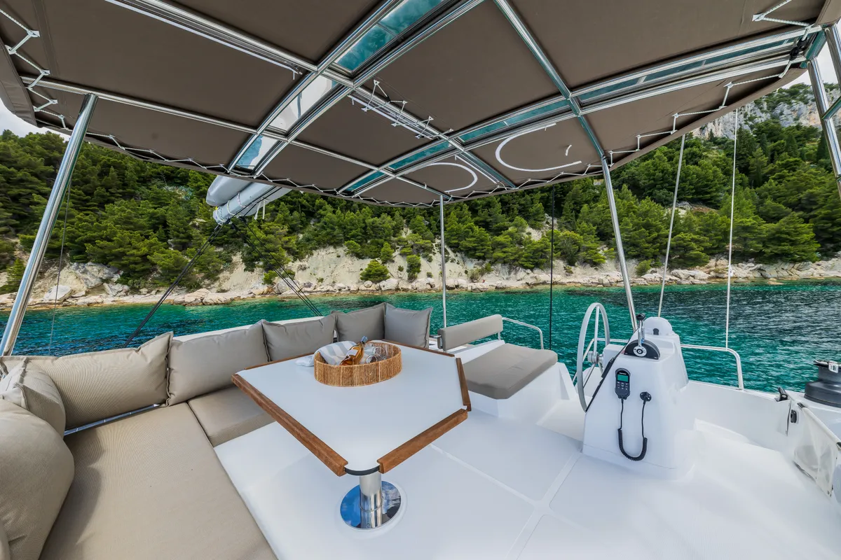 Cockpit of C'est la vie, a Bali 4.6 catamaran at Grad Kaštela, Croatia