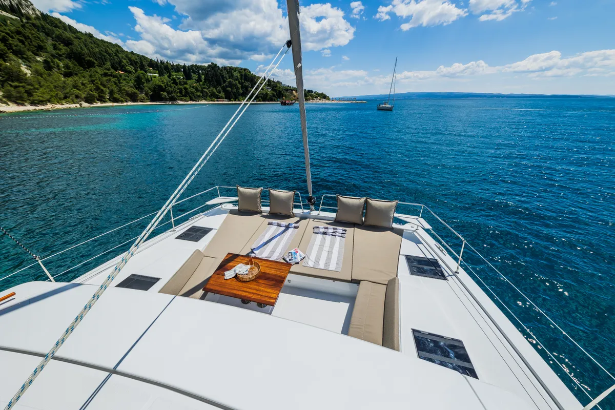 Deck of C'est la vie, a Bali 4.6 catamaran at Grad Kaštela, Croatia