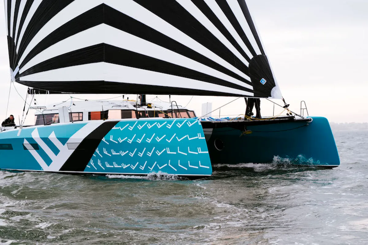 Exterior view of Avel Vaez, a Marsaudon Composites ORC 57 catamaran at Lavreotiki Municipal Unit, Greece