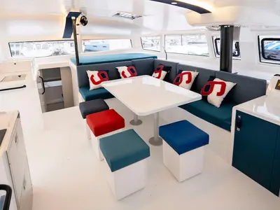 Salon of Avel Vaez, a Marsaudon Composites ORC 57 catamaran at Lavreotiki Municipal Unit, Greece