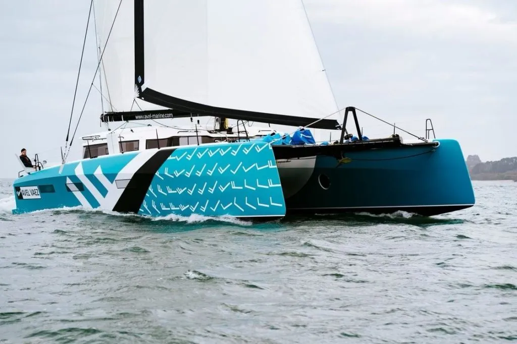 Exterior view of Avel Vaez, a Marsaudon Composites ORC 57 catamaran at Lavreotiki Municipal Unit, Greece