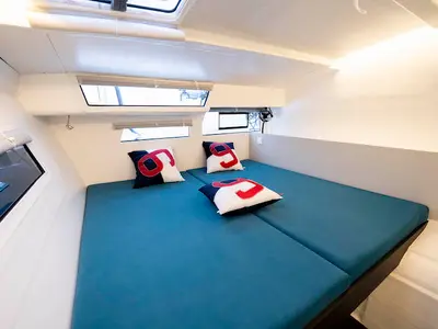 Cabin on Avel Vaez, a Marsaudon Composites ORC 57 catamaran at Lavreotiki Municipal Unit, Greece