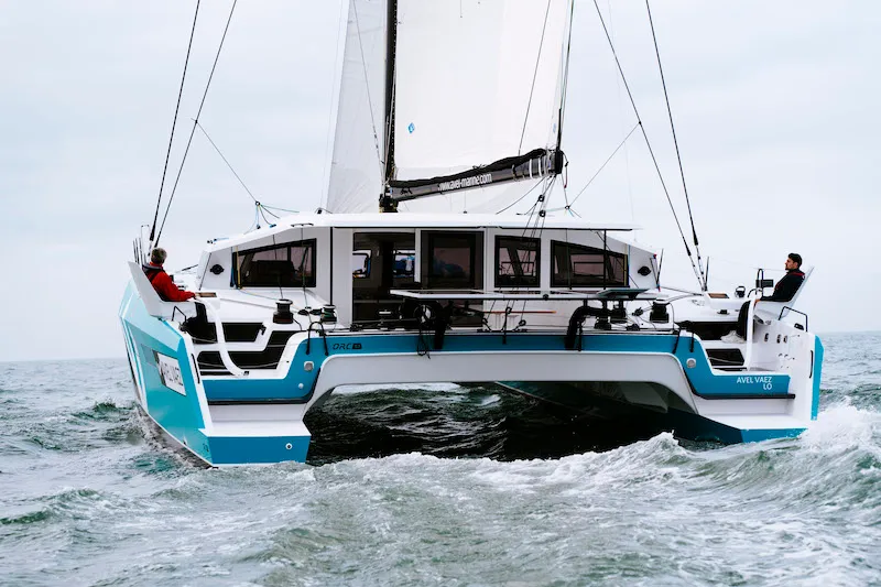 Exterior view of Avel Vaez, a Marsaudon Composites ORC 57 catamaran at Lavreotiki Municipal Unit, Greece