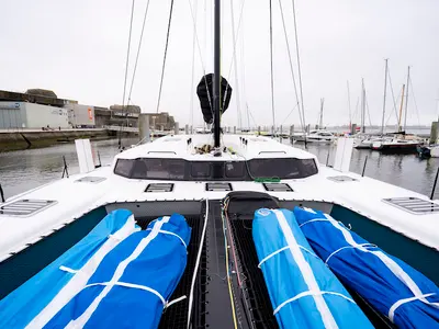 Deck of Avel Vaez, a Marsaudon Composites ORC 57 catamaran at Lavreotiki Municipal Unit, Greece