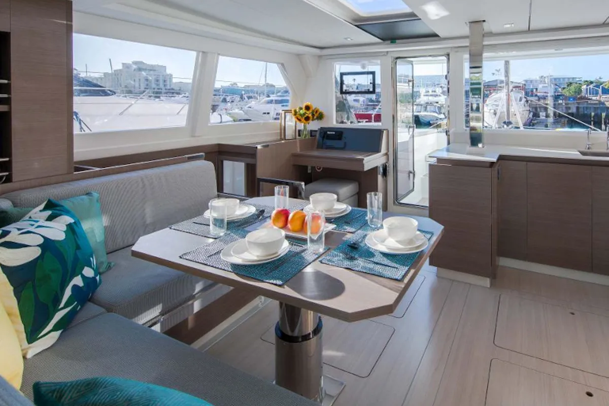 Salon of Moorings 4200/3 Club, a Leopard 42 catamaran at Bois D'Orange, Saint Lucia