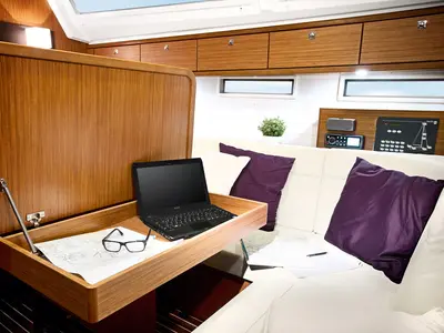 Salon of Bavaria Cruiser 46, a sailboat at Fethiye, Turkey