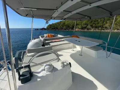 Cockpit of Vitamine, a Bali 4.8 catamaran at Capo d'Orlando, Italy