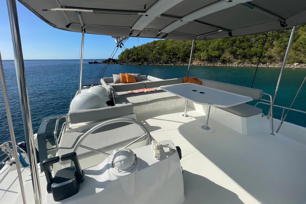 Cockpit of Vitamine, a Bali 4.8 catamaran at Capo d'Orlando, Italy