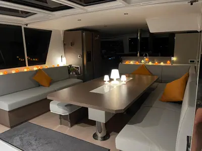 Salon of Vitamine, a Bali 4.8 catamaran at Capo d'Orlando, Italy
