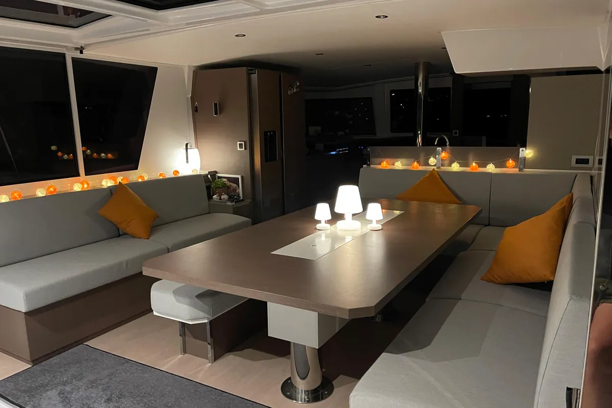 Salon of Vitamine, a Bali 4.8 catamaran at Capo d'Orlando, Italy