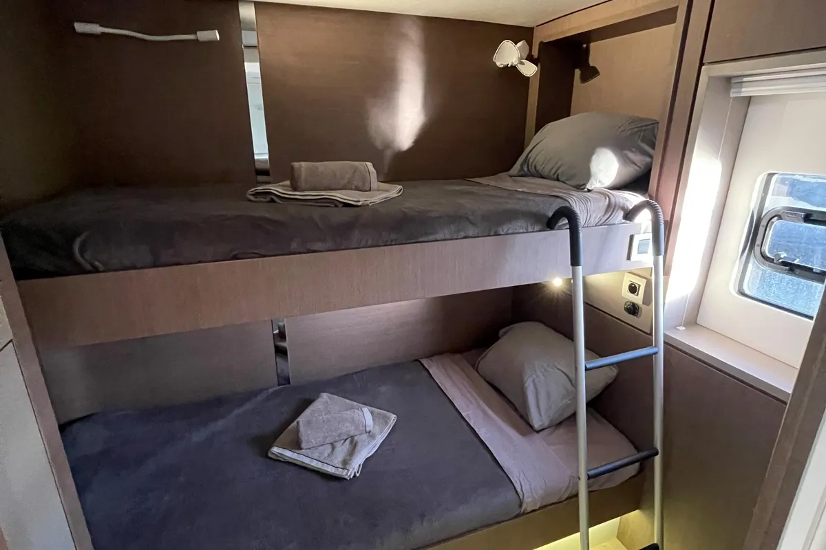 Cabin on Vitamine, a Bali 4.8 catamaran at Capo d'Orlando, Italy