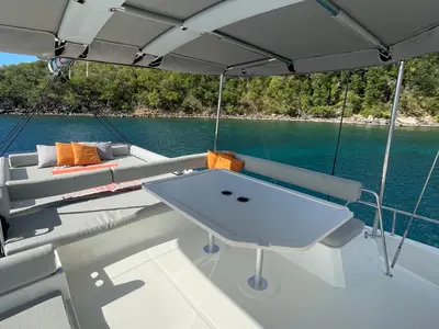 Deck of Vitamine, a Bali 4.8 catamaran at Capo d'Orlando, Italy