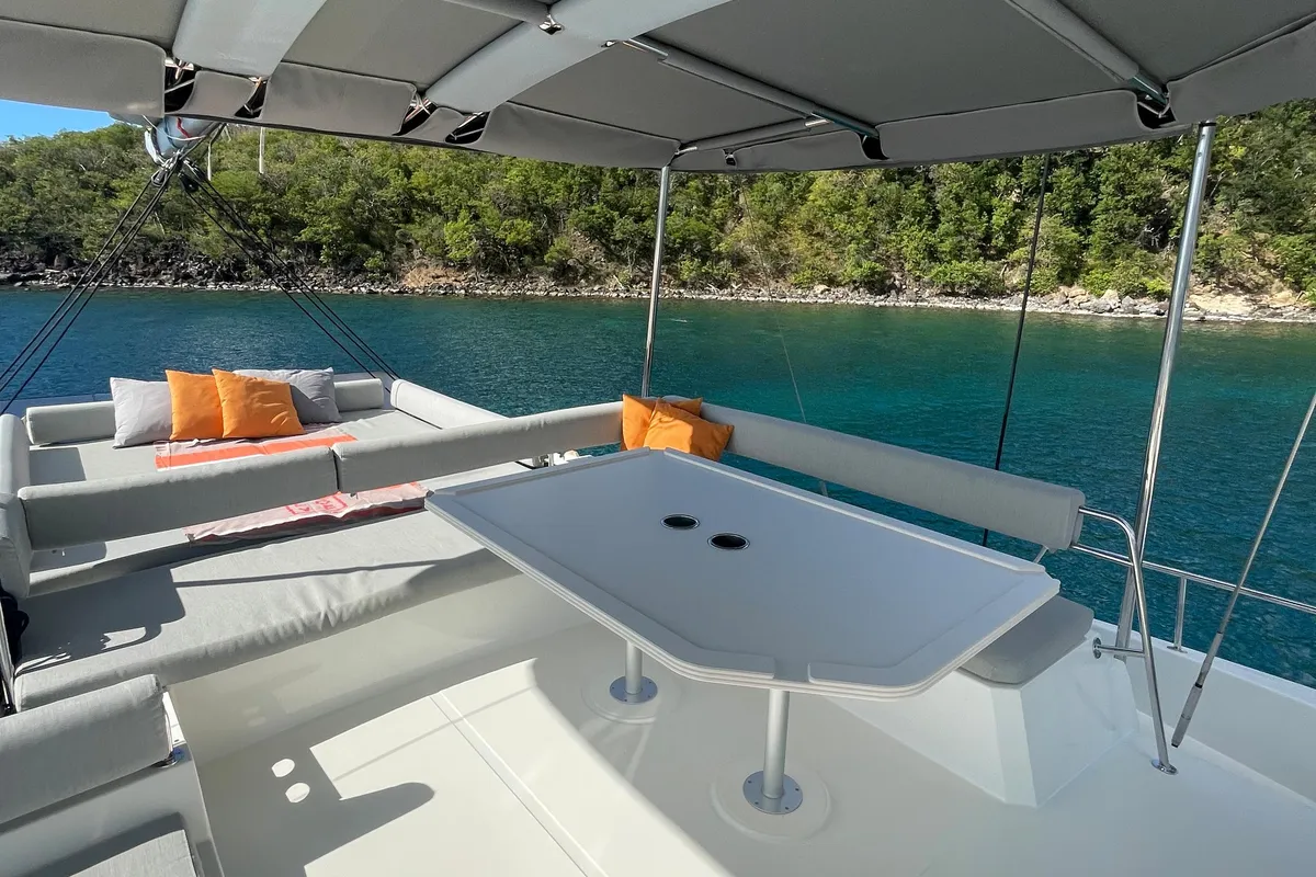 Deck of Vitamine, a Bali 4.8 catamaran at Capo d'Orlando, Italy