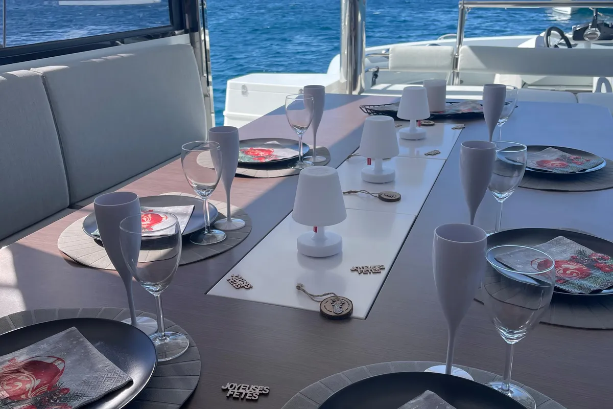 Salon of Vitamine, a Bali 4.8 catamaran at Capo d'Orlando, Italy