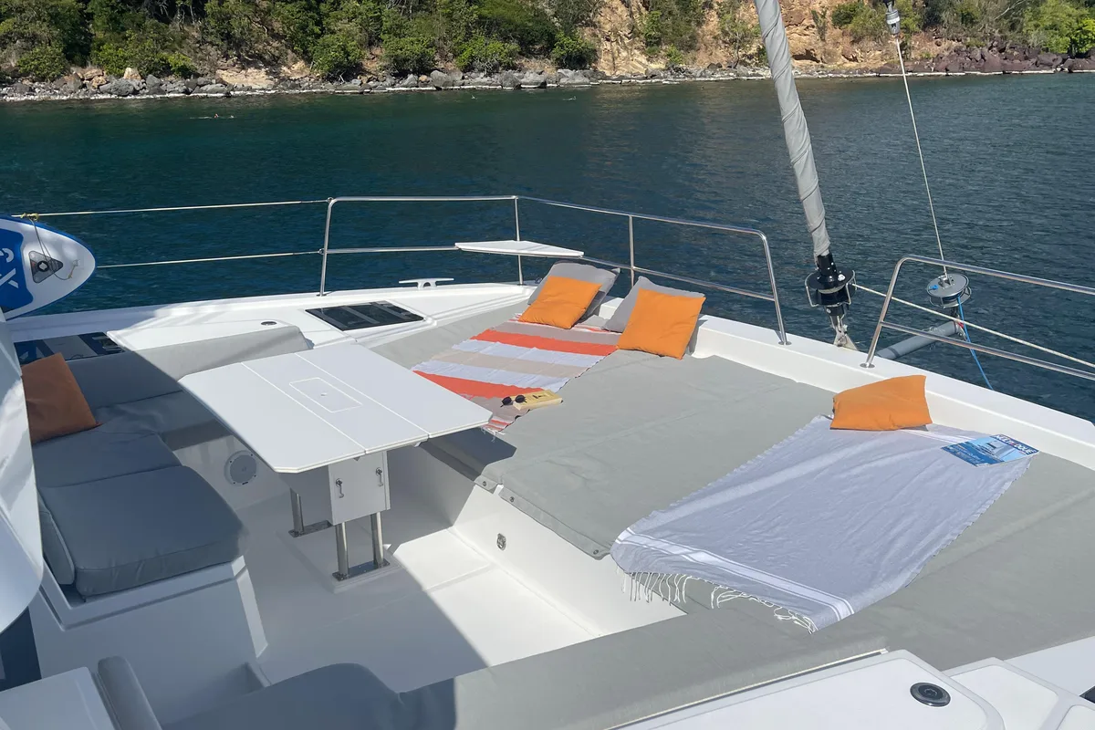 Deck of Vitamine, a Bali 4.8 catamaran at Capo d'Orlando, Italy