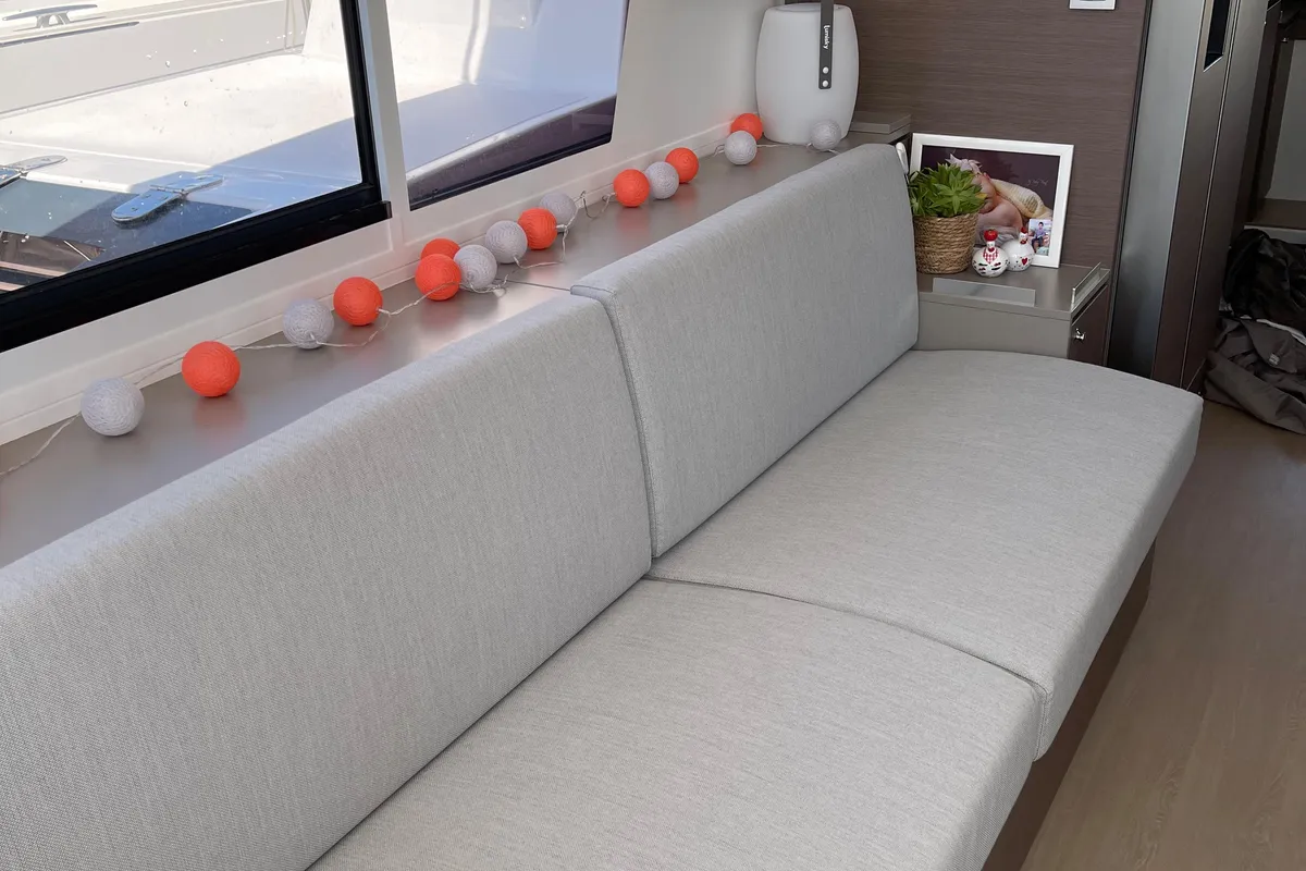 Salon of Vitamine, a Bali 4.8 catamaran at Capo d'Orlando, Italy